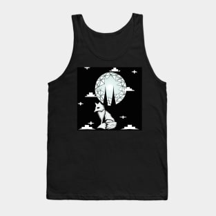 Black and White Geometric Fox Minimalist Forest At Night Tank Top